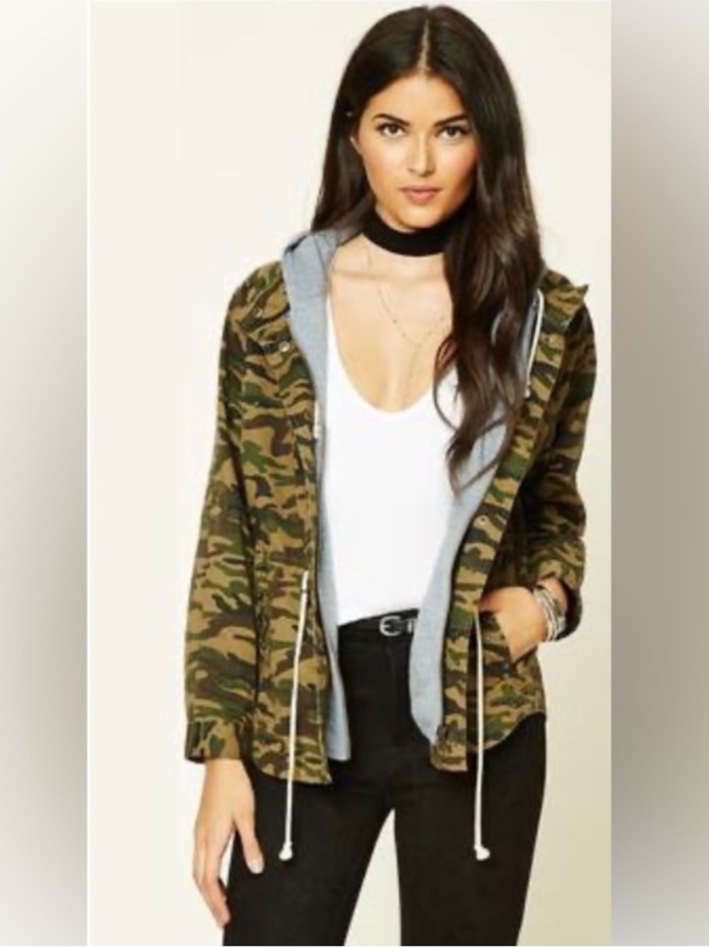 Forever 21 vintage camo utility jacket with grey hooded zip-up inner size Medium